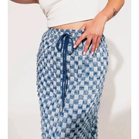 NWT LALA ORIGINAL Check Mate Textured Denim Maxi Skirt Womens Small M Blue Boho - Picture 3 of 13